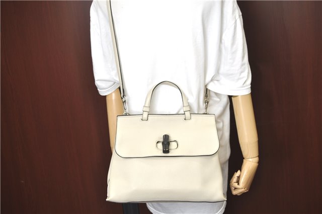 Authentic GUCCI Bamboo 2way Shoulder Hand Bag Purse Leather 392013 White J4297