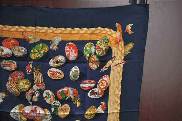 Authentic HERMES Carre 90 Scarf "COUVEE D'HERMES" Silk Nav Blue J4324