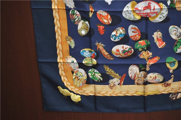 Authentic HERMES Carre 90 Scarf "COUVEE D'HERMES" Silk Nav Blue J4324