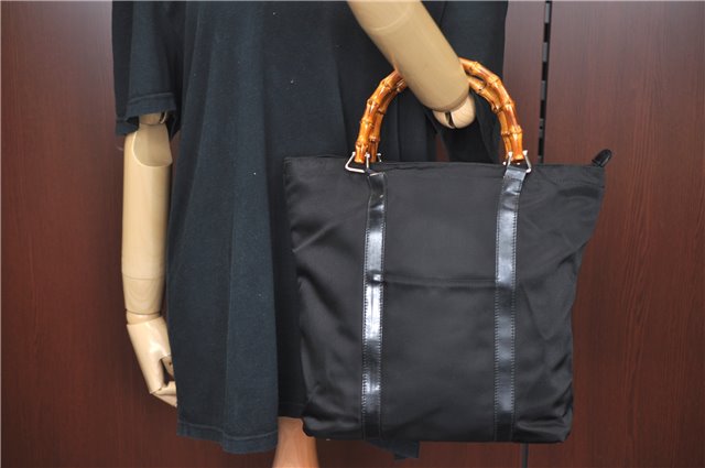 Authentic GUCCI Bamboo Hand Bag Purse Nylon Leather Black J4394