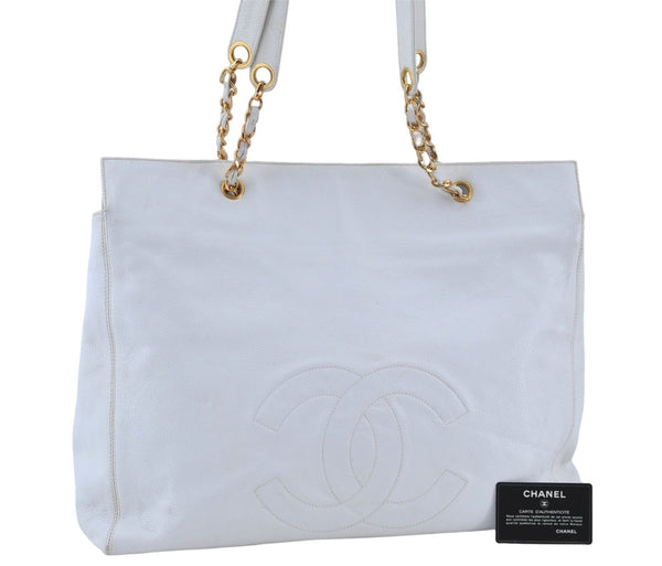 Authentic CHANEL Caviar Skin CC Logo Shoulder Tote Bag White J4455