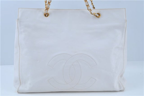 Authentic CHANEL Caviar Skin CC Logo Shoulder Tote Bag White J4455