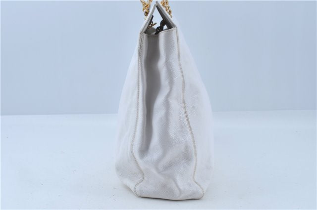 Authentic CHANEL Caviar Skin CC Logo Shoulder Tote Bag White J4455
