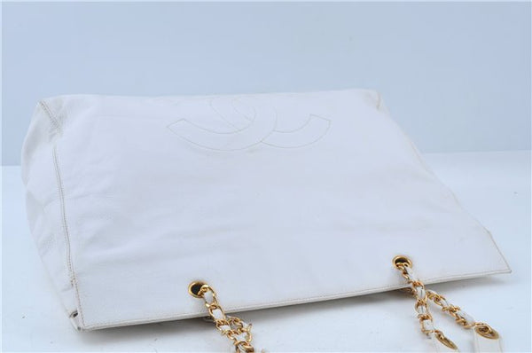 Authentic CHANEL Caviar Skin CC Logo Shoulder Tote Bag White J4455