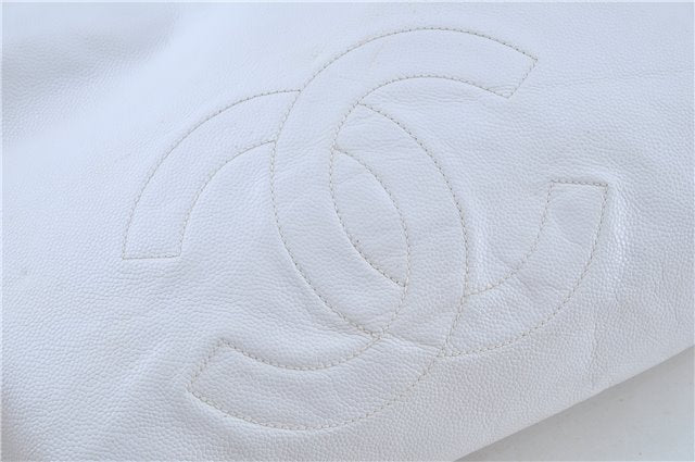 Authentic CHANEL Caviar Skin CC Logo Shoulder Tote Bag White J4455