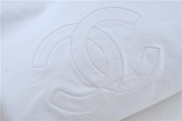 Authentic CHANEL Caviar Skin CC Logo Shoulder Tote Bag White J4455