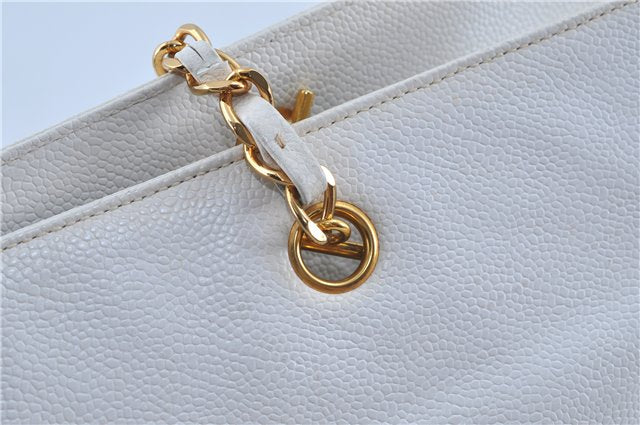 Authentic CHANEL Caviar Skin CC Logo Shoulder Tote Bag White J4455