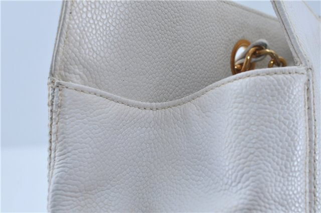 Authentic CHANEL Caviar Skin CC Logo Shoulder Tote Bag White J4455