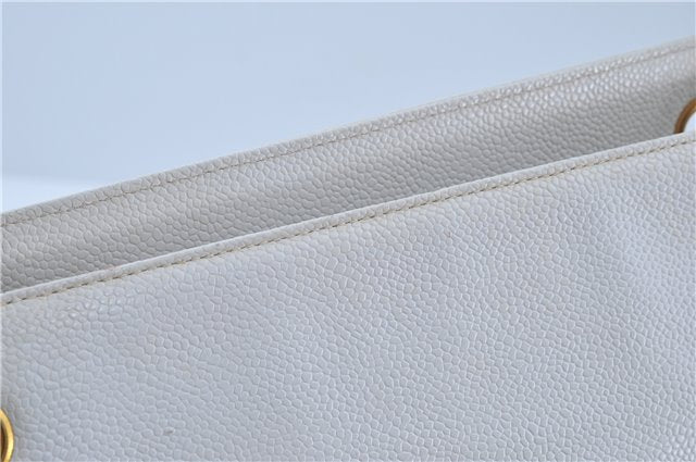 Authentic CHANEL Caviar Skin CC Logo Shoulder Tote Bag White J4455