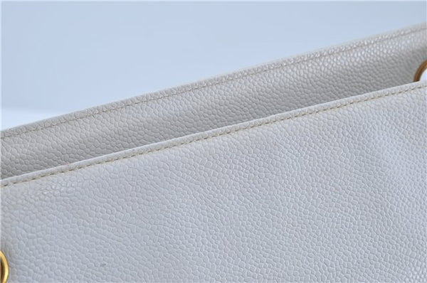 Authentic CHANEL Caviar Skin CC Logo Shoulder Tote Bag White J4455