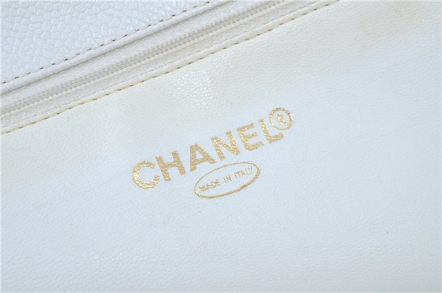 Authentic CHANEL Caviar Skin CC Logo Shoulder Tote Bag White J4455