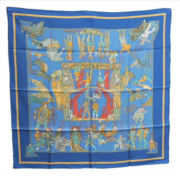 Authentic HERMES Carre 90 Scarf "LE TEMPS des MARIONNETTES" Silk Blue Box J4483