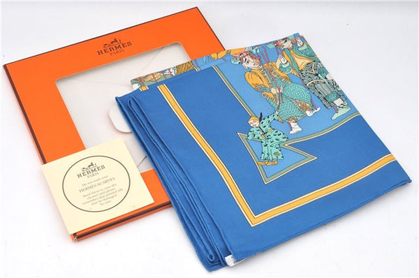 Authentic HERMES Carre 90 Scarf "LE TEMPS des MARIONNETTES" Silk Blue Box J4483