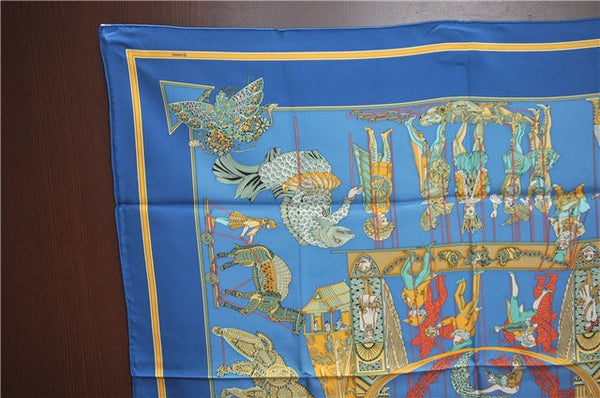Authentic HERMES Carre 90 Scarf "LE TEMPS des MARIONNETTES" Silk Blue Box J4483