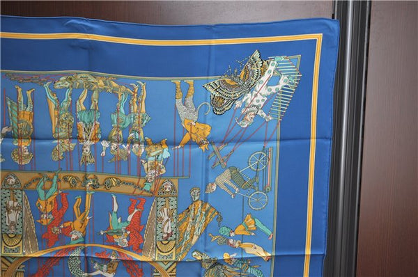 Authentic HERMES Carre 90 Scarf "LE TEMPS des MARIONNETTES" Silk Blue Box J4483
