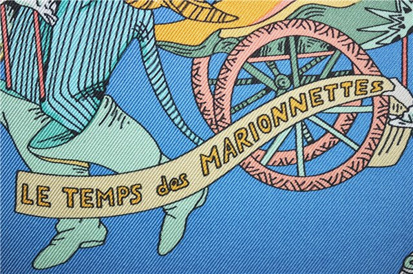 Authentic HERMES Carre 90 Scarf "LE TEMPS des MARIONNETTES" Silk Blue Box J4483