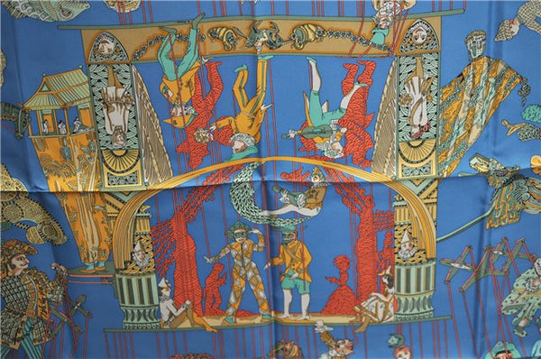 Authentic HERMES Carre 90 Scarf "LE TEMPS des MARIONNETTES" Silk Blue Box J4483