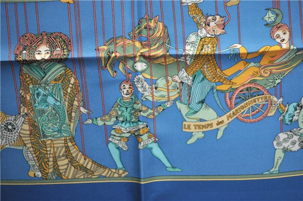 Authentic HERMES Carre 90 Scarf "LE TEMPS des MARIONNETTES" Silk Blue Box J4483