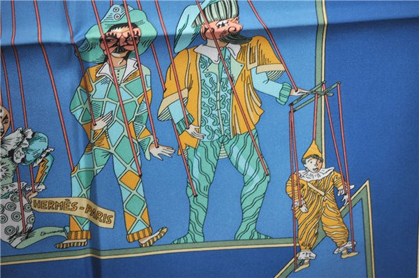 Authentic HERMES Carre 90 Scarf "LE TEMPS des MARIONNETTES" Silk Blue Box J4483