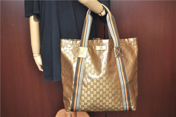 Authentic GUCCI GG Crystal Shoulder Tote Bag PVC Leather 189669 Brown J4550