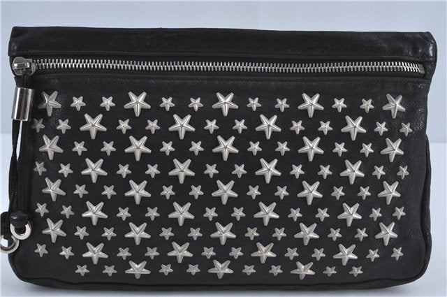 Authentic JIMMY CHOO Star Studs Leather Clutch Bag Purse Black J4571