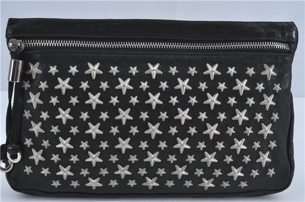 Authentic JIMMY CHOO Star Studs Leather Clutch Bag Purse Black J4571