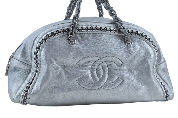 Authentic CHANEL Luxury Calf Skin CC Logo Chain Shoulder Boston Bag Silver J4595