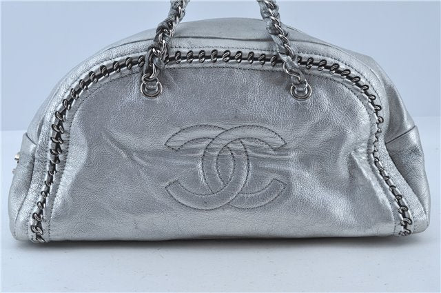 Authentic CHANEL Luxury Calf Skin CC Logo Chain Shoulder Boston Bag Silver J4595