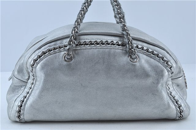 Authentic CHANEL Luxury Calf Skin CC Logo Chain Shoulder Boston Bag Silver J4595