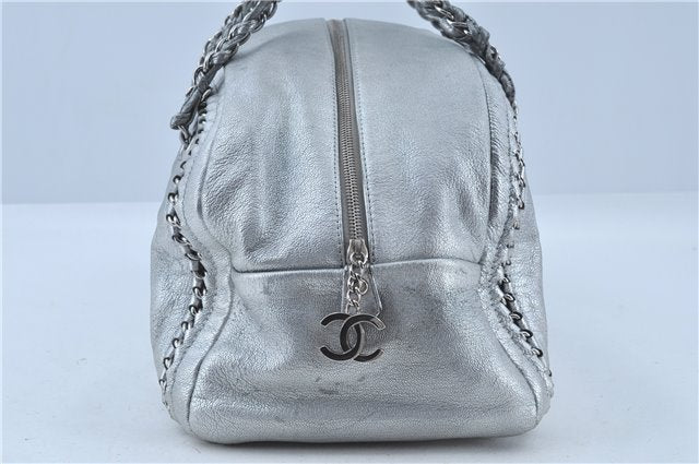 Authentic CHANEL Luxury Calf Skin CC Logo Chain Shoulder Boston Bag Silver J4595