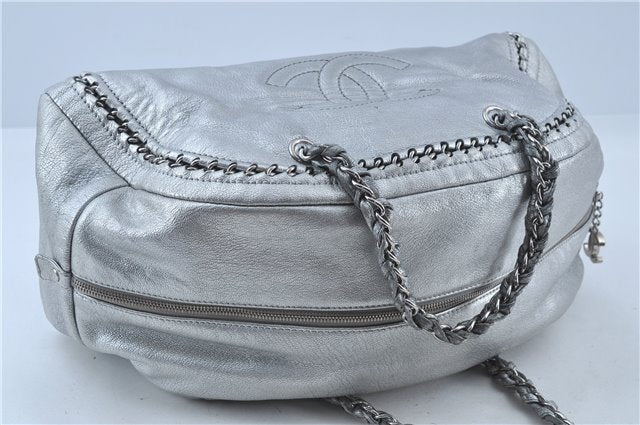 Authentic CHANEL Luxury Calf Skin CC Logo Chain Shoulder Boston Bag Silver J4595