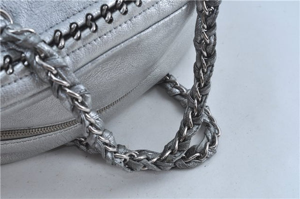 Authentic CHANEL Luxury Calf Skin CC Logo Chain Shoulder Boston Bag Silver J4595