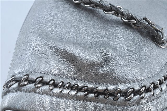 Authentic CHANEL Luxury Calf Skin CC Logo Chain Shoulder Boston Bag Silver J4595