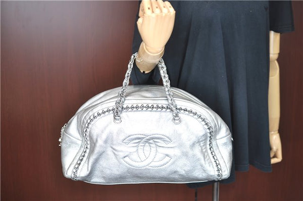 Authentic CHANEL Luxury Calf Skin CC Logo Chain Shoulder Boston Bag Silver J4595