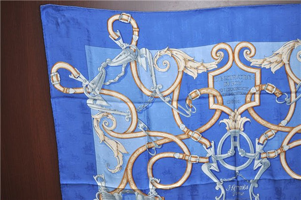 Auth HERMES Carre 90 Scarf "Par Mefsire ANTOINE DE PLVVINEL" Silk Blue J4623