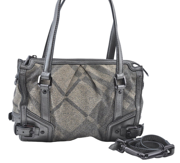 Authentic BURBERRY Check 2Way Shoulder Cross Body Bag Canvas Leather Gray J4649