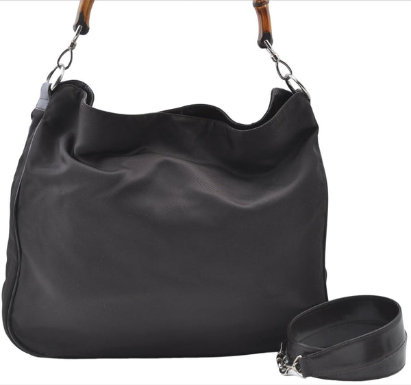 Authentic GUCCI Bamboo 2way Hand Shoulder Bag Nylon Leather Brown J4741