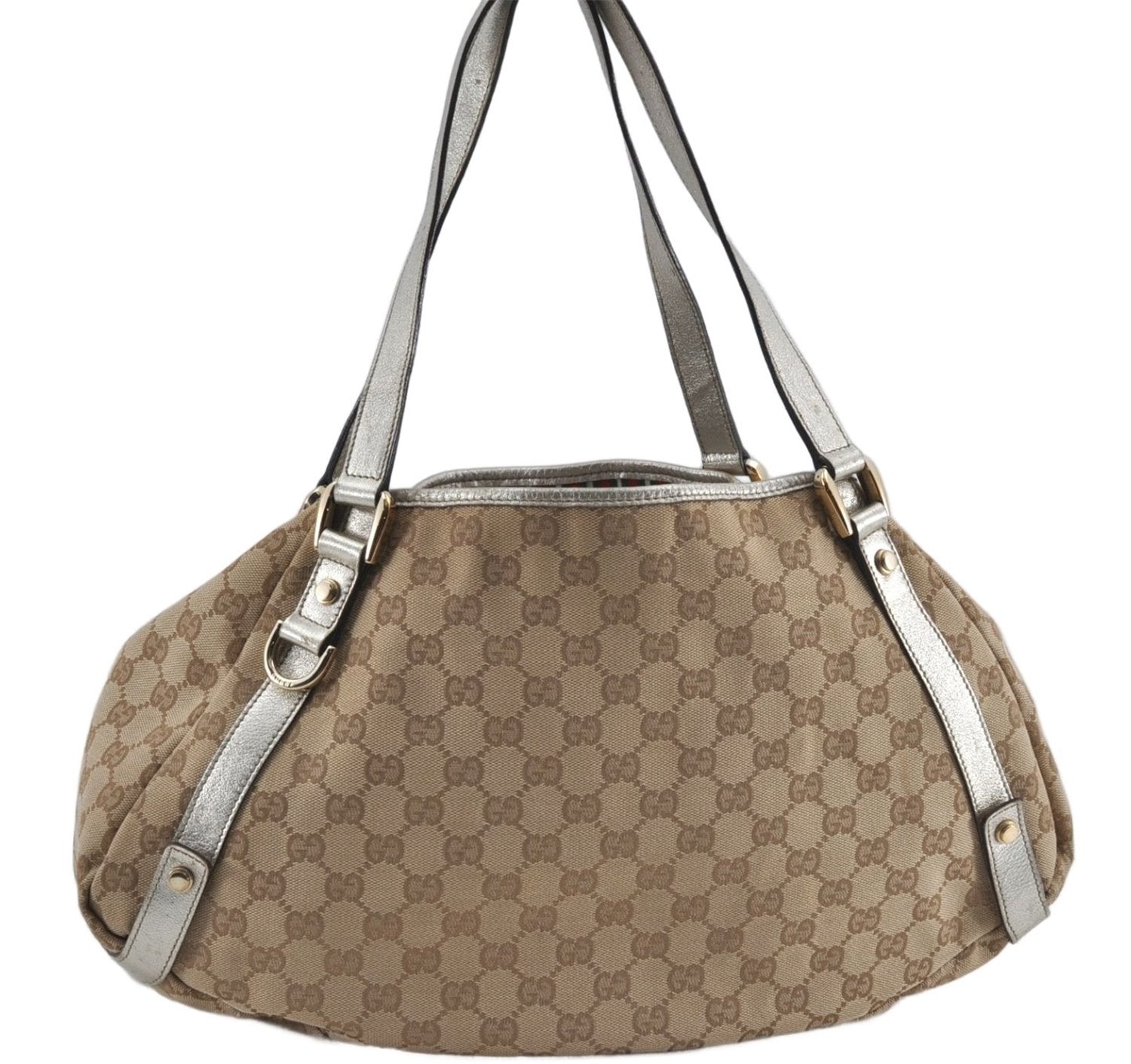 Auth GUCCI Abbey Shoulder Tote Bag GG Canvas Leather 130736 Beige Silver J4969