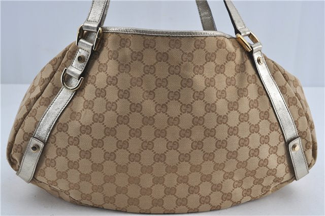 Auth GUCCI Abbey Shoulder Tote Bag GG Canvas Leather 130736 Beige Silver J4969