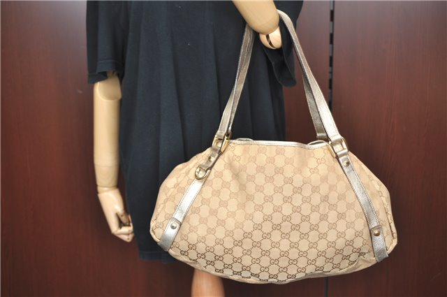 Auth GUCCI Abbey Shoulder Tote Bag GG Canvas Leather 130736 Beige Silver J4969