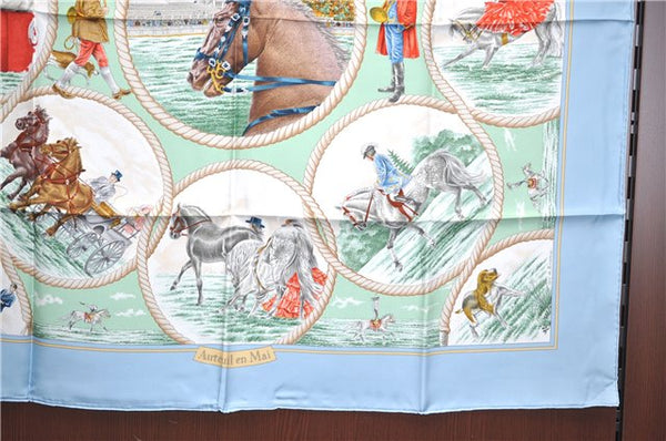 Authentic HERMES Carre 90 Scarf "Auteuil en Mai" Silk Light Blue J5042