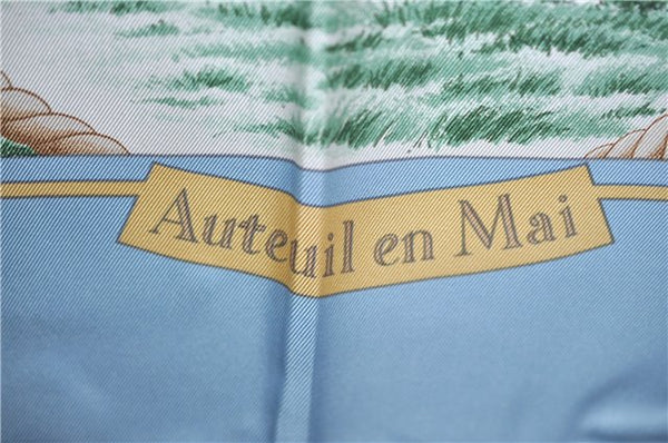 Authentic HERMES Carre 90 Scarf "Auteuil en Mai" Silk Light Blue J5042