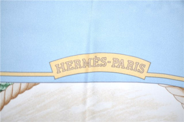 Authentic HERMES Carre 90 Scarf "Auteuil en Mai" Silk Light Blue J5042