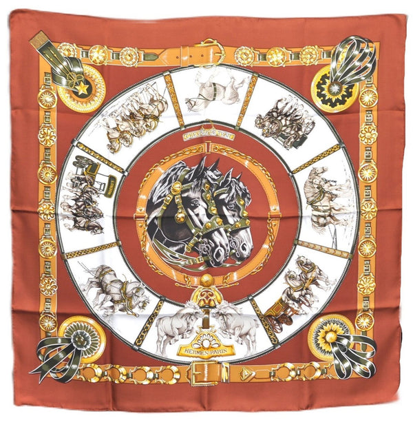 Authentic HERMES Carre 90 Scarf "CHEVAUX DE TRAIT" Silk Brown Box J5078