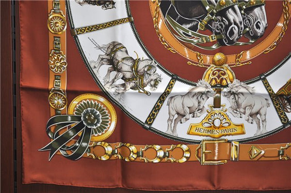 Authentic HERMES Carre 90 Scarf "CHEVAUX DE TRAIT" Silk Brown Box J5078