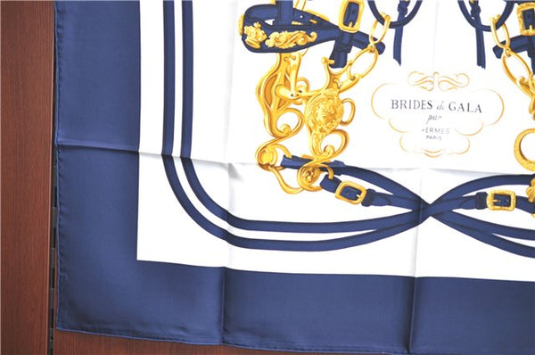 Authentic HERMES Carre 90 Scarf "BRIDES de GALA par" Silk Blue Navy Box J5155