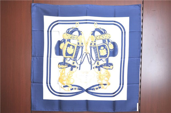 Authentic HERMES Carre 90 Scarf "BRIDES de GALA par" Silk Blue Navy Box J5155