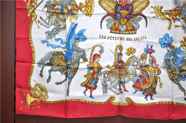 Authentic HERMES Carre 90 Scarf "LES FETES DU ROI SOLEIL" Silk Red J5207