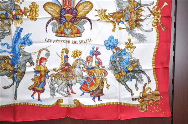 Authentic HERMES Carre 90 Scarf "LES FETES DU ROI SOLEIL" Silk Red J5207