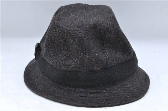 Authentic GUCCI Bucket Hat GG Cotton Leather Size L Brown Black J5252